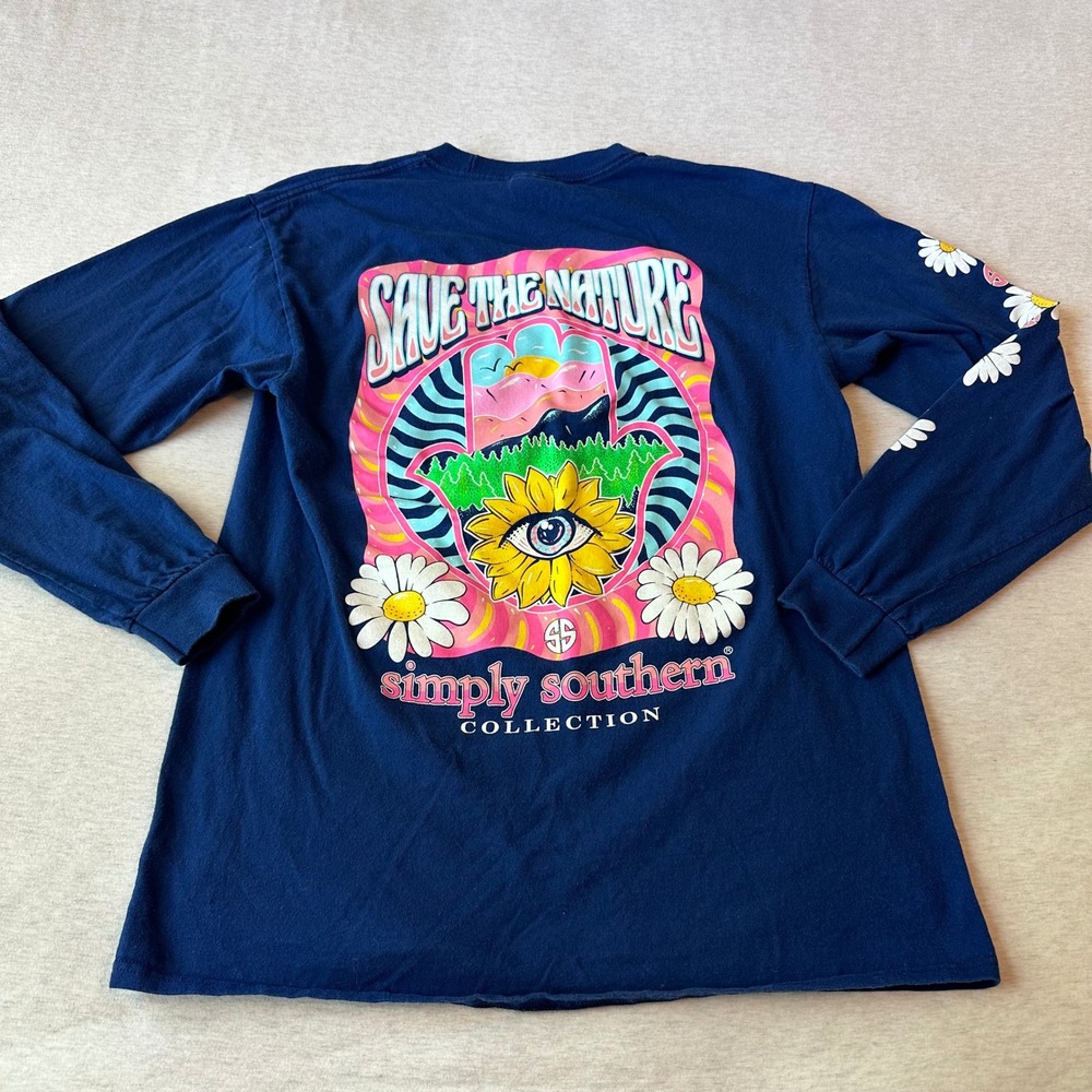 Simply Southern Save The Nature Navy Blue Long Sleeve Graphic Tee Medium - Picture 7 of 7